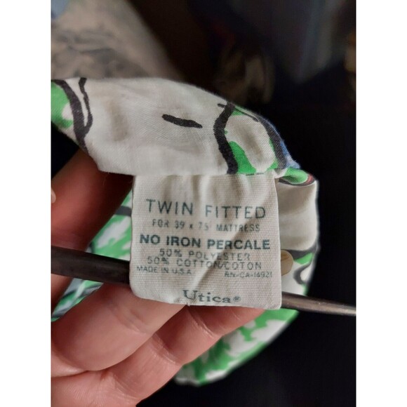 Snoopy Baseball Green White Twin Fitted Flat Pillow Sheet Set Vintage c. 1958 - Picture 4 of 14